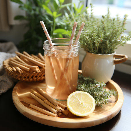 Ecological bamboo cocktail tubes for lemonades and drinks. Concept: Safe eco-friendly tableware without harm to the planet. Generative AIの素材