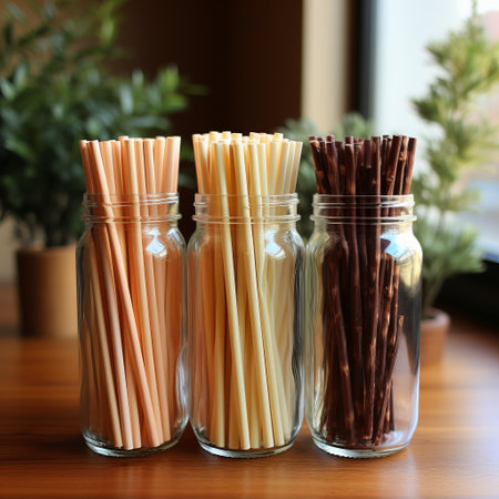 Ecological bamboo cocktail tubes for lemonades and drinks. Concept: Safe eco-friendly tableware without harm to the planet. Generative AIの素材