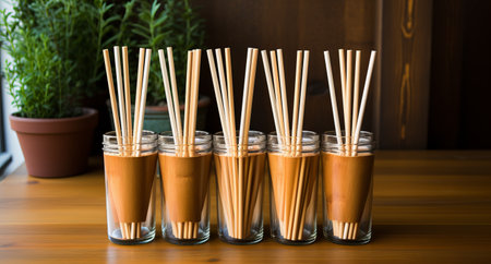 Ecological bamboo cocktail tubes for lemonades and drinks. Concept: Safe eco-friendly tableware without harm to the planet. Generative AIの素材