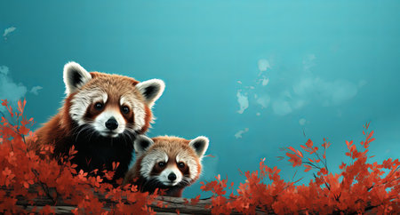 Red panda peeking out from behind a tree. Turquoise background with copy space. A rare feline bear listed in the Red Book. The threat of extinction of an unusual canine predator.の素材