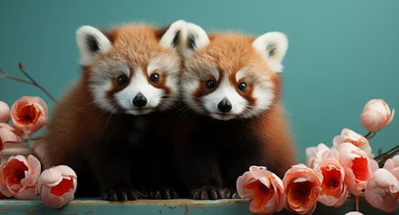 Red panda peeking out from behind a tree. Turquoise background with copy space. A rare feline bear listed in the Red Book. The threat of extinction of an unusual canine predator.の素材