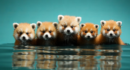 Red panda peeking out from behind a tree. Turquoise background with copy space. A rare feline bear listed in the Red Book. The threat of extinction of an unusual canine predator.の素材