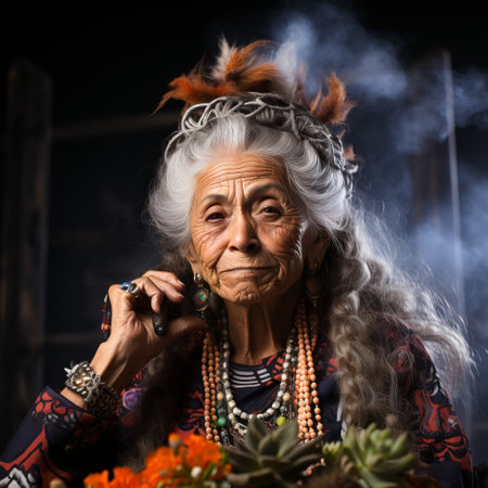 Beautiful stylish woman smokes cannabis or marijuana. An elegant woman with gray hair in bright clothes and jewelry with a hemp cigarette in her hands.の素材