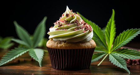 Hemp cake with icing. Sweet cannabis muffin cake. Serving dessert in a cafe marijuana leaves for decoration. Canna cake with hemp oil. drug food. Legalization of light drugs.の素材
