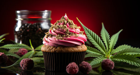 Hemp cake with icing. Sweet cannabis muffin cake. Serving dessert in a cafe marijuana leaves for decoration. Canna cake with hemp oil. drug food. Legalization of light drugs.の素材
