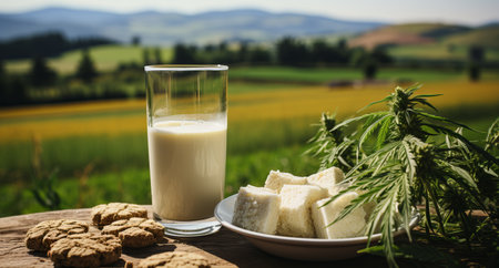 Hemp milk, a glass of drink on the background of cannabis leaves, industrial use of marijuana. Legal use of hemp products. No lactose or harm.の素材