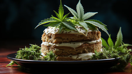 Brownie with hemp. Marijuana cake, sweet food with cannabis, addiction and legalization of soft drugs. Unusual coffeeshop dessertの素材
