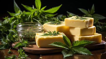 Hemp butter is a vegetable oil derived from cannabis. Ingredient for making coffeeshop desserts. Concept: Legalization of soft drugs.の素材