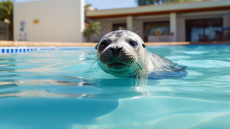 A seal swims in a pool of clean water, an animal of the seal family in captivity on rehabilitation in the reserve. common seals (Phoca).の素材
