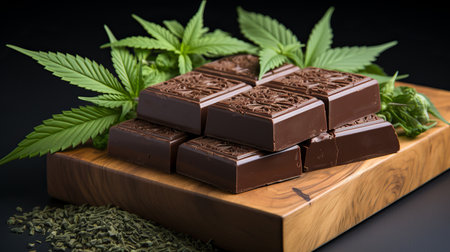 dark chocolate with hemp. Fun sweets, coffeeshop menus, chocolate bars with a vegetable marijuana light drug. Concept: Legalization of cannabisの素材
