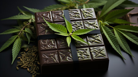 dark chocolate with hemp. Fun sweets, coffeeshop menus, chocolate bars with a vegetable marijuana light drug. Concept: Legalization of cannabisの素材