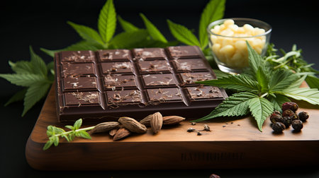 dark chocolate with hemp. Fun sweets, coffeeshop menus, chocolate bars with a vegetable marijuana light drug. Concept: Legalization of cannabisの素材