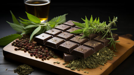 dark chocolate with hemp. Fun sweets, coffeeshop menus, chocolate bars with a vegetable marijuana light drug. Concept: Legalization of cannabisの素材