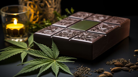 dark chocolate with hemp. Fun sweets, coffeeshop menus, chocolate bars with a vegetable marijuana light drug. Concept: Legalization of cannabisの素材