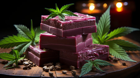 dark chocolate with hemp. Fun sweets, coffeeshop menus, chocolate bars with a vegetable marijuana light drug. Concept: Legalization of cannabisの素材