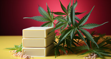 white chocolate with hemp. Fun sweets, coffeeshop menus, chocolate bars with a vegetable marijuana light drug. Concept: Legalization of cannabisの素材
