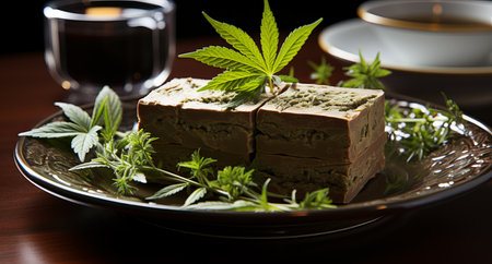 shortbread cookies with hemp. Relaxation sweets, coffeeshop menus, chocolate bars with marijuana, a light herbal drug. Concept: Legalization of cannabisの素材