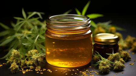 Hemp honey. New technologies of beekeeping. Production of sweets with a vegetable light drug marijuana. Concept: Legalization of cannabis, honeycombs and beesの素材
