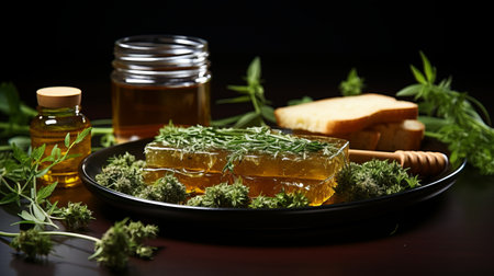 Hemp honey. New technologies of beekeeping. Production of sweets with a vegetable light drug marijuana. Concept: Legalization of cannabis, honeycombs and beesの素材