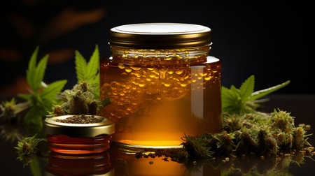 Hemp honey. New technologies of beekeeping. Production of sweets with a vegetable light drug marijuana. Concept: Legalization of cannabis, honeycombs and beesの素材
