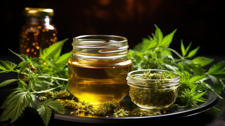 Hemp honey. New technologies of beekeeping. Production of sweets with a vegetable light drug marijuana. Concept: Legalization of cannabis, honeycombs and beesの素材