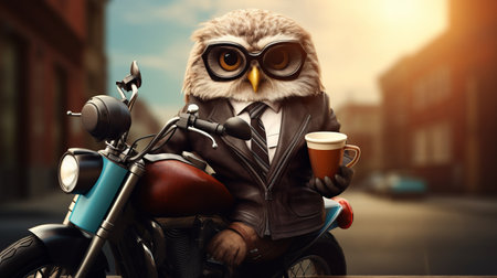 An owl on a moped carries coffee and pizza. animal courier. Night delivery concept. Owlet cute on a turquoise background, forest bird illustration. Postcard or template with copy sの素材