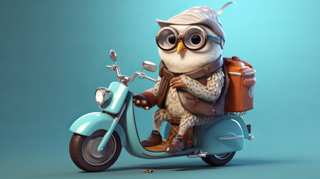 An owl on a moped carries coffee and pizza. animal courier. Night delivery concept. Owlet cute on a turquoise background, forest bird illustration. Postcard or template with copy sの素材
