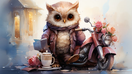 An owl on a moped carries coffee and pizza. animal courier. Night delivery concept. Owlet cute on a turquoise background, forest bird illustration. Postcard or template with copy sの素材