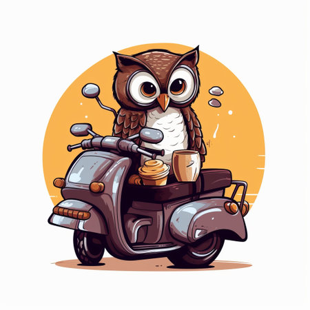 An owl on a moped carries coffee and pizza. animal courier. Night delivery concept. Owlet cute on a turquoise background, forest bird illustration. Postcard or template with copy sの素材