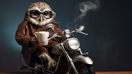 An owl on a moped carries coffee and pizza. animal courier. Night delivery concept. Owlet cute on a turquoise background, forest bird illustration. Postcard or template with copy sの素材