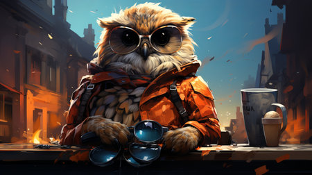 An owl on a moped carries coffee and pizza. animal courier. Night delivery concept. Owlet cute on a turquoise background, forest bird illustration. Postcard or template with copy sの素材