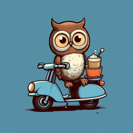 An owl on a moped carries coffee and pizza. animal courier. Night delivery concept. Owlet cute on a turquoise background, forest bird illustration. Postcard or template with copy sの素材