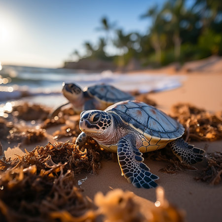 newborn turtles crawl along the sandy beach to the water. Concept: protection of animals and the planet. Clean ecological environment for reptilesの素材