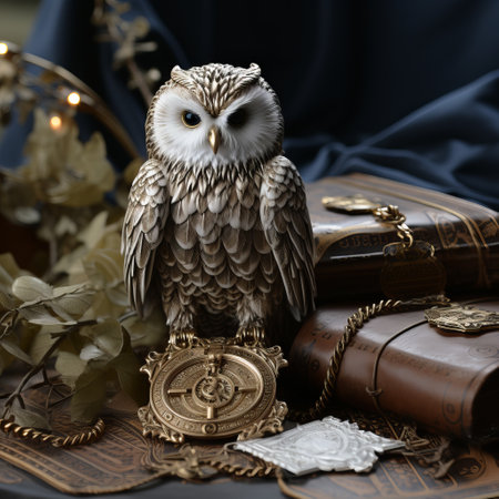 White snowy owl with a letter and stationery, mail bird, postman animal. Wise animal indoors.の素材