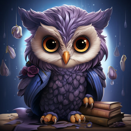 Owl cartoon in fantasy style with a notebook in his hands. A learned wise bird with a book in its paws. Owlet is a graduate of the school of magic.の素材