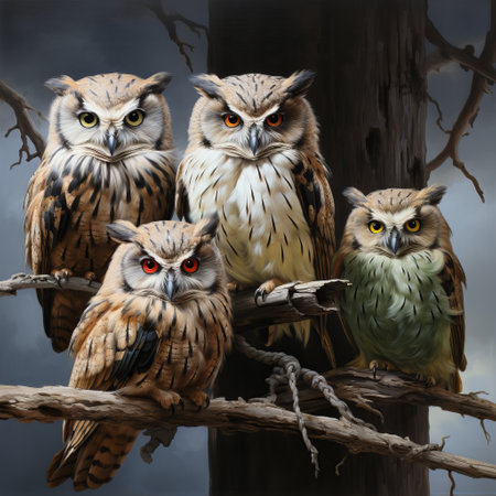 Drawn owls sit on a wooden bough. A learned wise bird.Owls with parents portrait image. nocturnal animal with yellow eyes.の素材