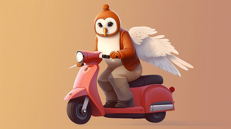 Owl night takeaway food delivery man. A bird on a moped delivers dinners. illustration for business. nocturnal animal with yellow eyes.の素材