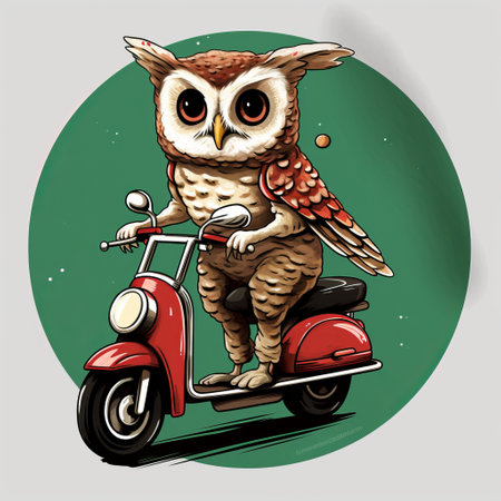 Owl night takeaway food delivery man. A bird on a moped delivers dinners. illustration for business. nocturnal animal with yellow eyes.の素材