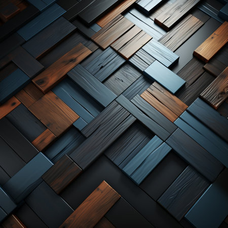 3D abstraction from dark wood with emerald inserts top view of the composition. Concept: non-objective abstractio art, screensavers, website backgrounds.の素材