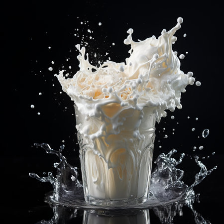 Cocktail with cream and ice. Milk with orange topping. Splash of drink on a plain background.の素材