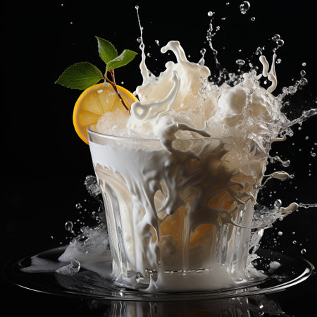 Cocktail with cream and ice. Milk with orange topping. Splash of drink on a plain background.の素材