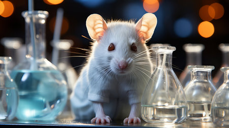 laboratory mouse. Potions and flasks for studying the effect of cosmetic and medical products on rodents. Concept: Problems of regulation of laws for cruelty to animals.の素材