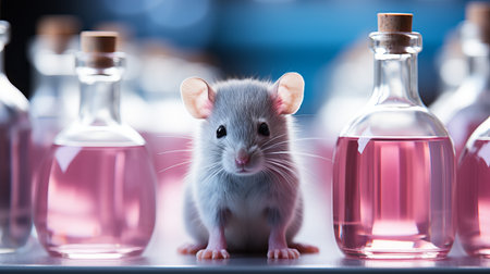laboratory mouse. Potions and flasks for studying the effect of cosmetic and medical products on rodents. Concept: Problems of regulation of laws for cruelty to animals.の素材