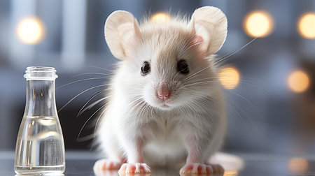 laboratory mouse. Potions and flasks for studying the effect of cosmetic and medical products on rodents. Concept: Problems of regulation of laws for cruelty to animals.の素材