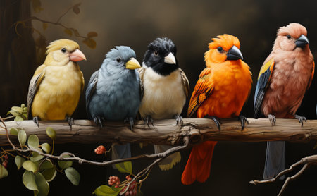 Parrot-like, a detachment of birds from the infraclass of neopalates, birds of various breeds and colors. Animals sit on a tree branch and look at the camera. Concept: screensaverの素材