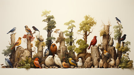 Parrot-like, a detachment of birds from the infraclass of neopalates, birds of various breeds and colors. Animals sit on a tree branch and look at the camera. Concept: screensaverの素材