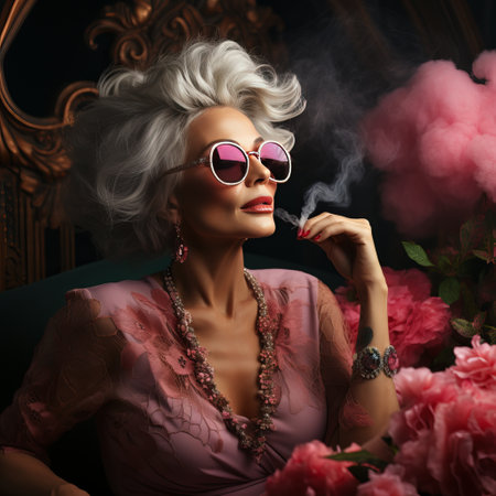 Beautiful stylish adult woman smokes indoors while sitting in a chair. Smoke clouds, bright clothes on a grandmother with jewelry. A progressive old woman with a beautiful face.の素材