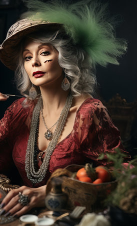 Beautiful stylish adult woman model indoors sitting in a chair. Expensive clothes on grandma with big bijouterie decorations. A progressive old woman with a beautiful face.の素材