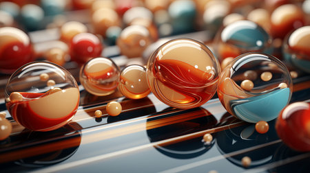 3D illustration of Christmas tree decorations in a multi-colored space. Christmas balls in motion. Concept: abstract backgrounds for the holidays with copy spaceの素材