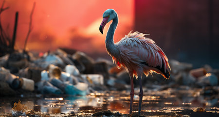 Pink flamingo in the water among plastic bottles and garbage. concept: birds and pollution of nature and water bodies. illustration for the call for environmental protection.の素材